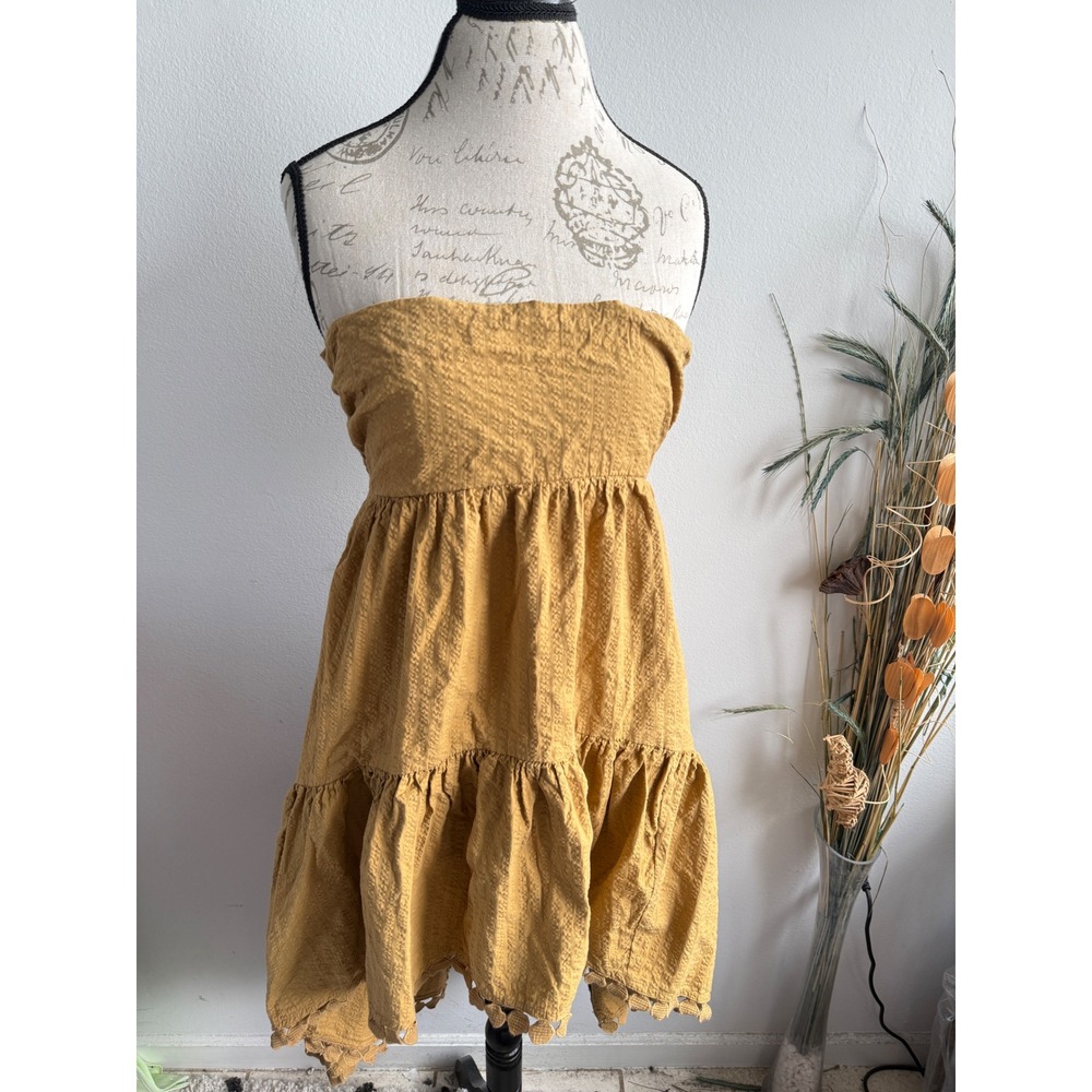 Maeve Anthropologie Womens Mustard Yellow Strapless Tiered Mini Dress Pom Pom SP